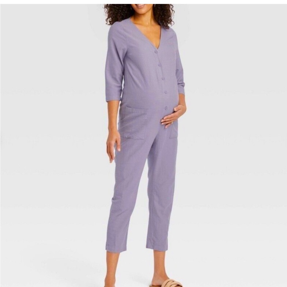 EUC The Nines by Hatch 3/4 Sleeve Button-Front Crop Maternity Jumpsuit Lavender